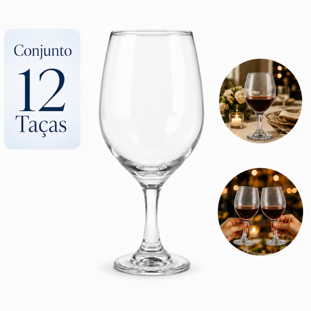 Conjunto 12 Taças de Vinho 615ml Tinto Cristal Transparente Taça de Vidro Premium Agua Champaign Grosso