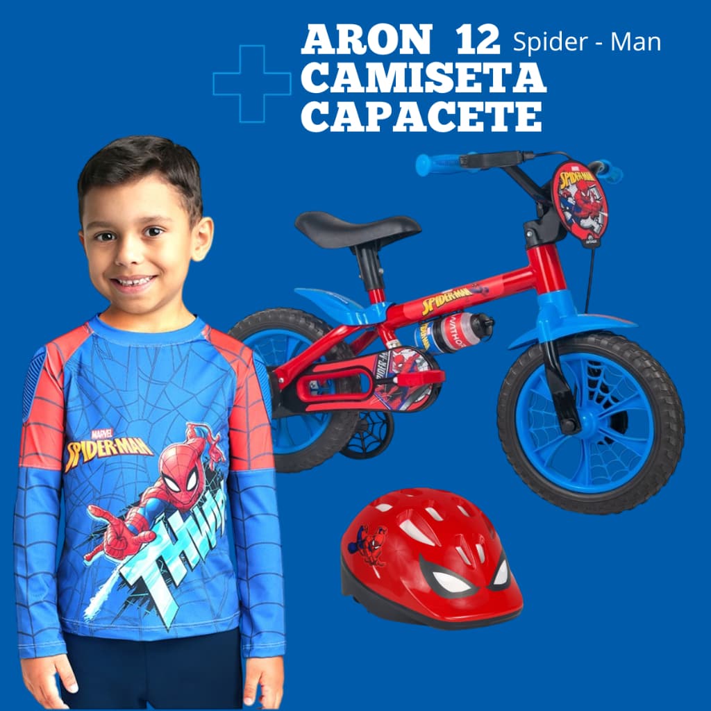 Kit Infantil Disney Camiseta de Proteção UV 50+ Capacete Infantil + Bicicleta Aro-12 + Segurança e Conforto para Pedalar