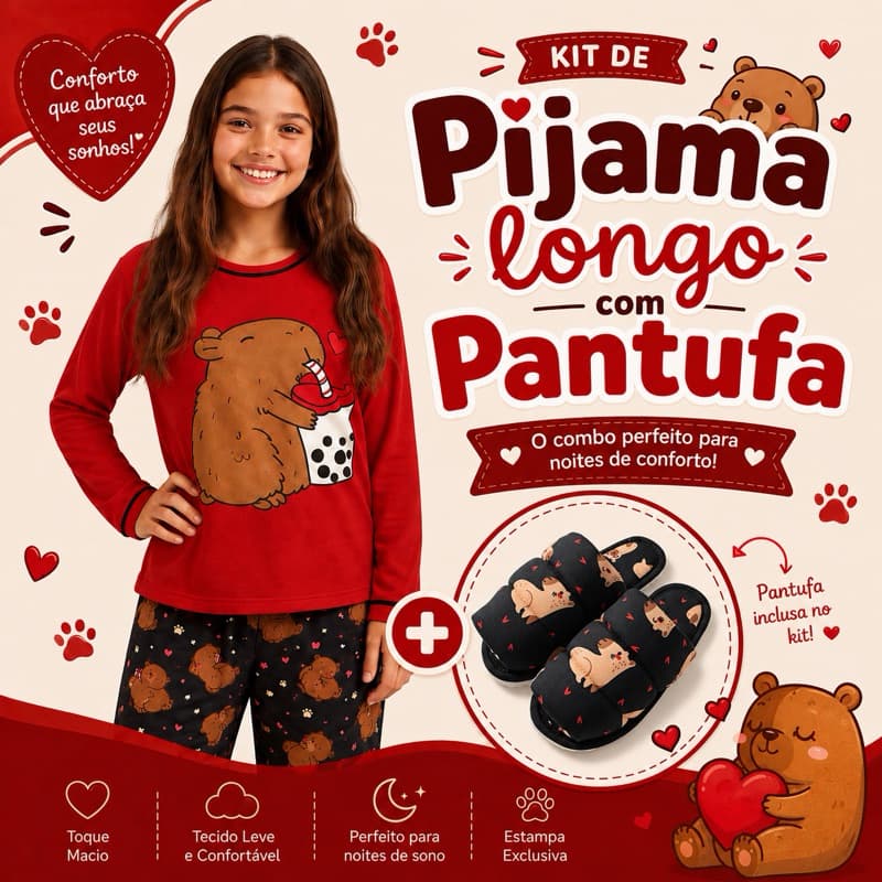 kit pijama juvenil longo + pantufa de capivara fofinha