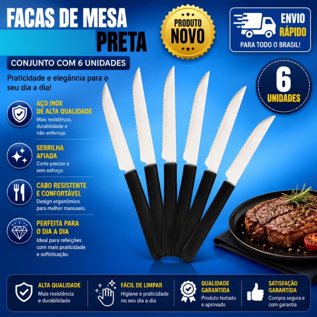 Conjunto 6 Garfo de Mesa de Inox Cabo Plastico Preto Colorido  HM 351