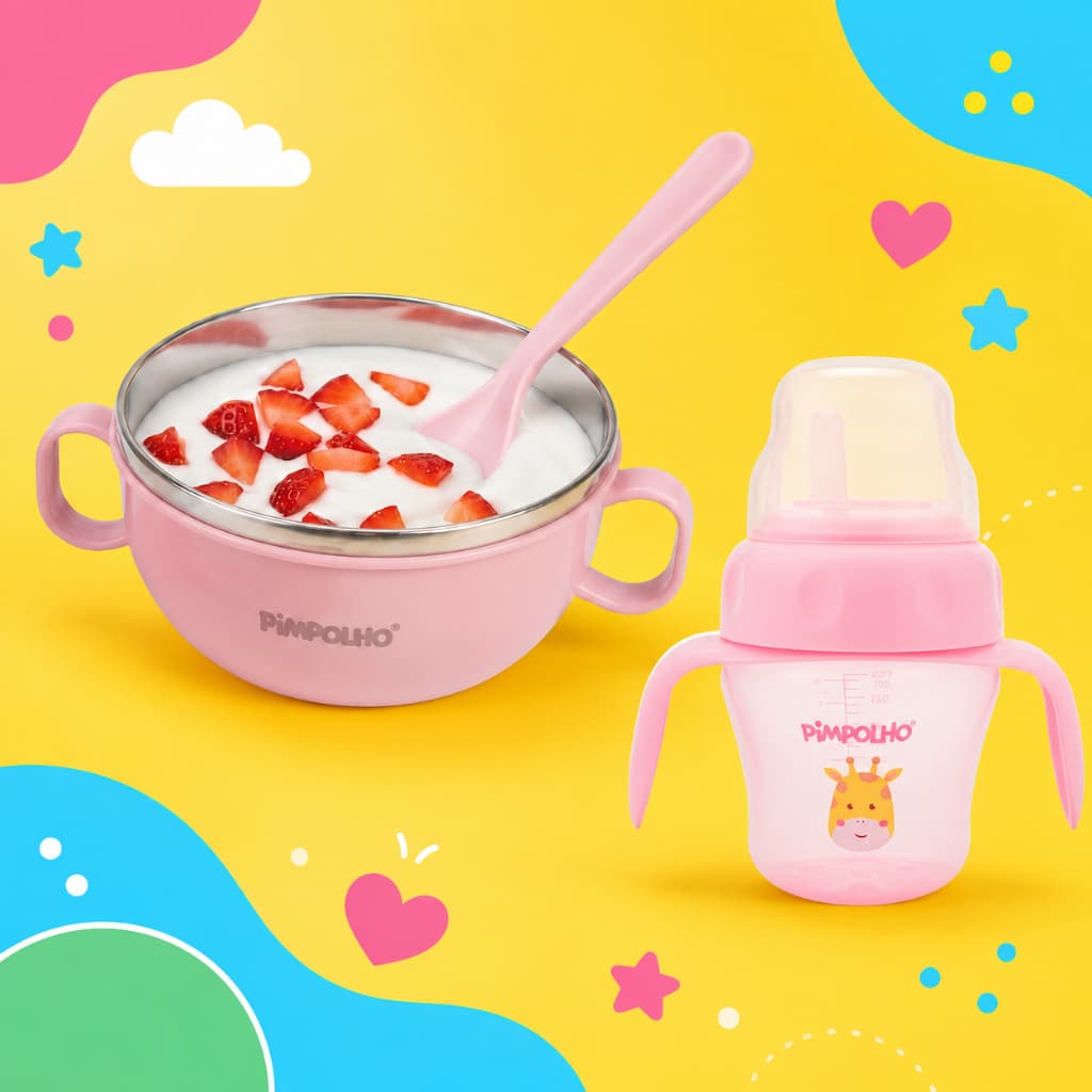 Kit Alimentação Tigela Em Inox 300ml Colher Tampa  Copo 150ml Pimpolho Rosa