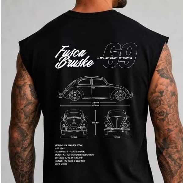 Regata Machão Masculina Estampada – Coleção Carros Clássicos Gol , Fusca , Chevette, Diplomata e Gol Quadrado