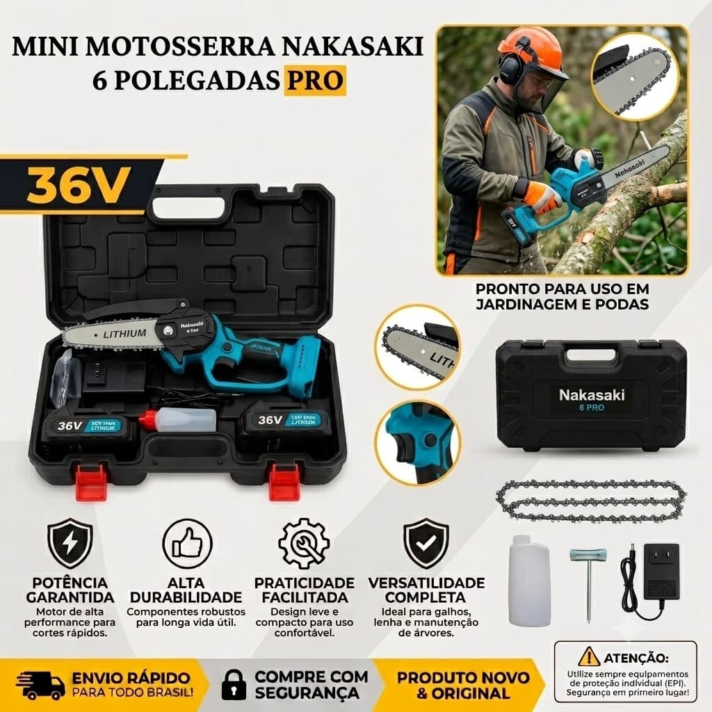 Mini Eletrosserra Nakasaki 36V Sem Fio Podador de Galhos Sabre 15cm 2 Baterias