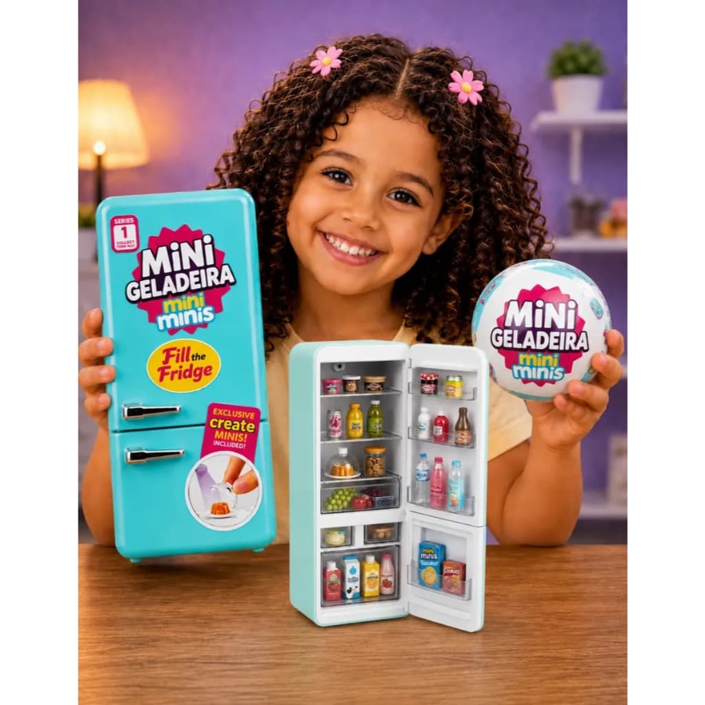 Mini Geladeira Zuru com 2 Bolas Mini Brands Surpresa Colecionável Rosa Azul ou Aleatória