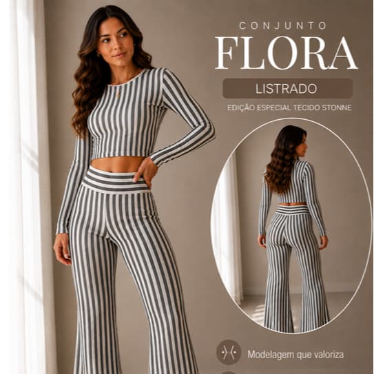 Conjunto Feminino Calça Flare Cintura Alta + Cropped Manga Longa Modela Corpo Não Marca