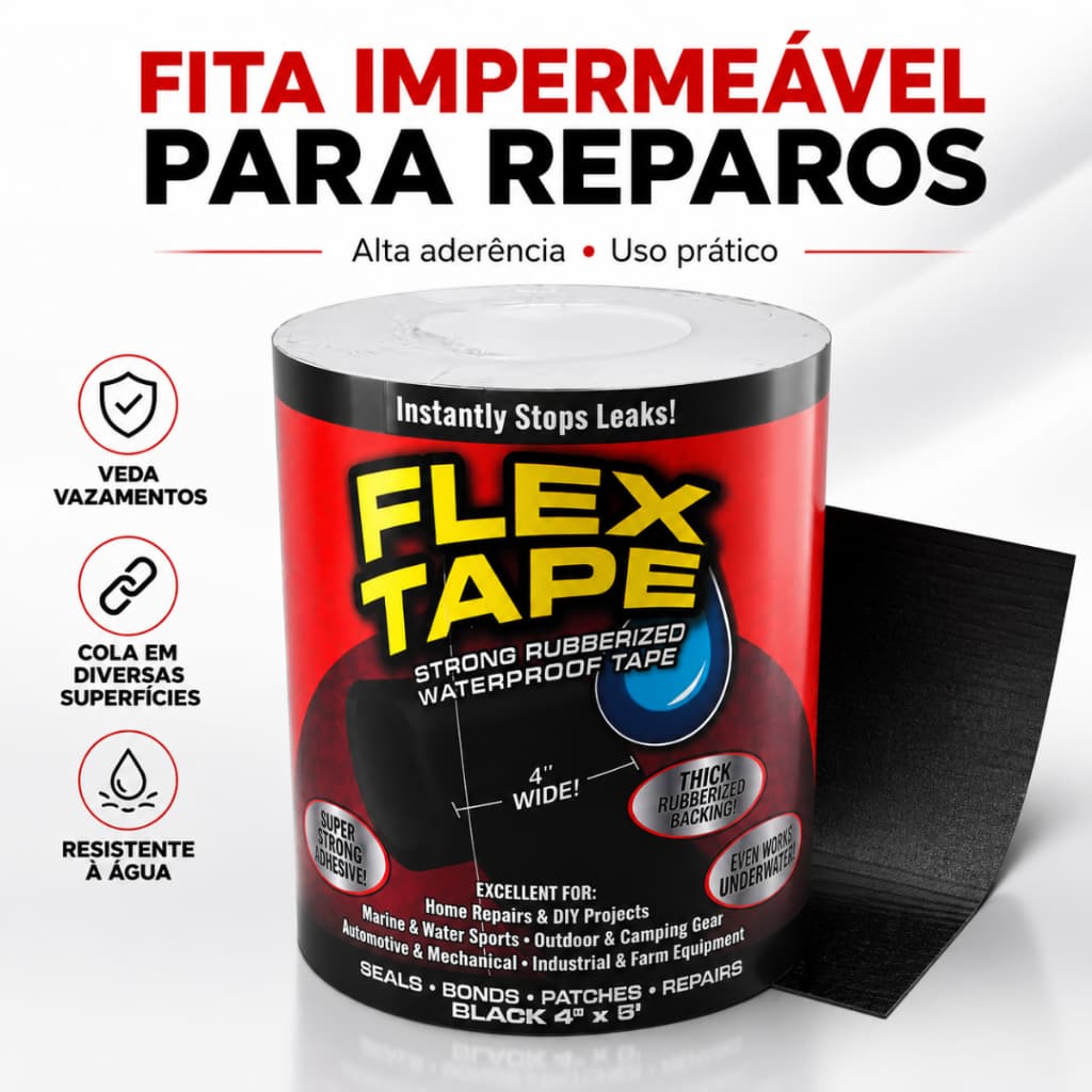 Fita Flex Tape Preta 10cm x 1,52m Adesiva Impermeável Emborrachada Veda Vazamento para Reparos