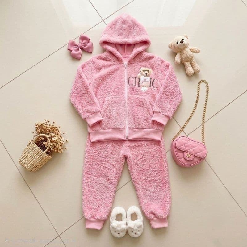 Conjunto Teddy Infantil Menina Inverno Frio Casaco Zíper e Calça Pelúcia Quentinho [Tam 4 ao 12]