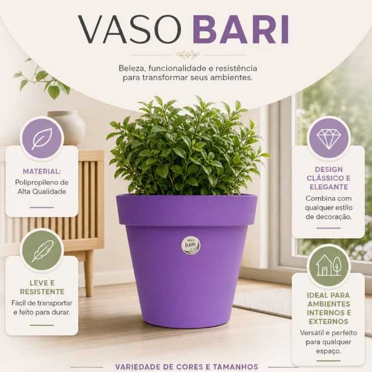 Vaso Bari Okla Decorativo p/ Plantas e Jardim Tam 10 12 15 18 20 25 30 Coloridos