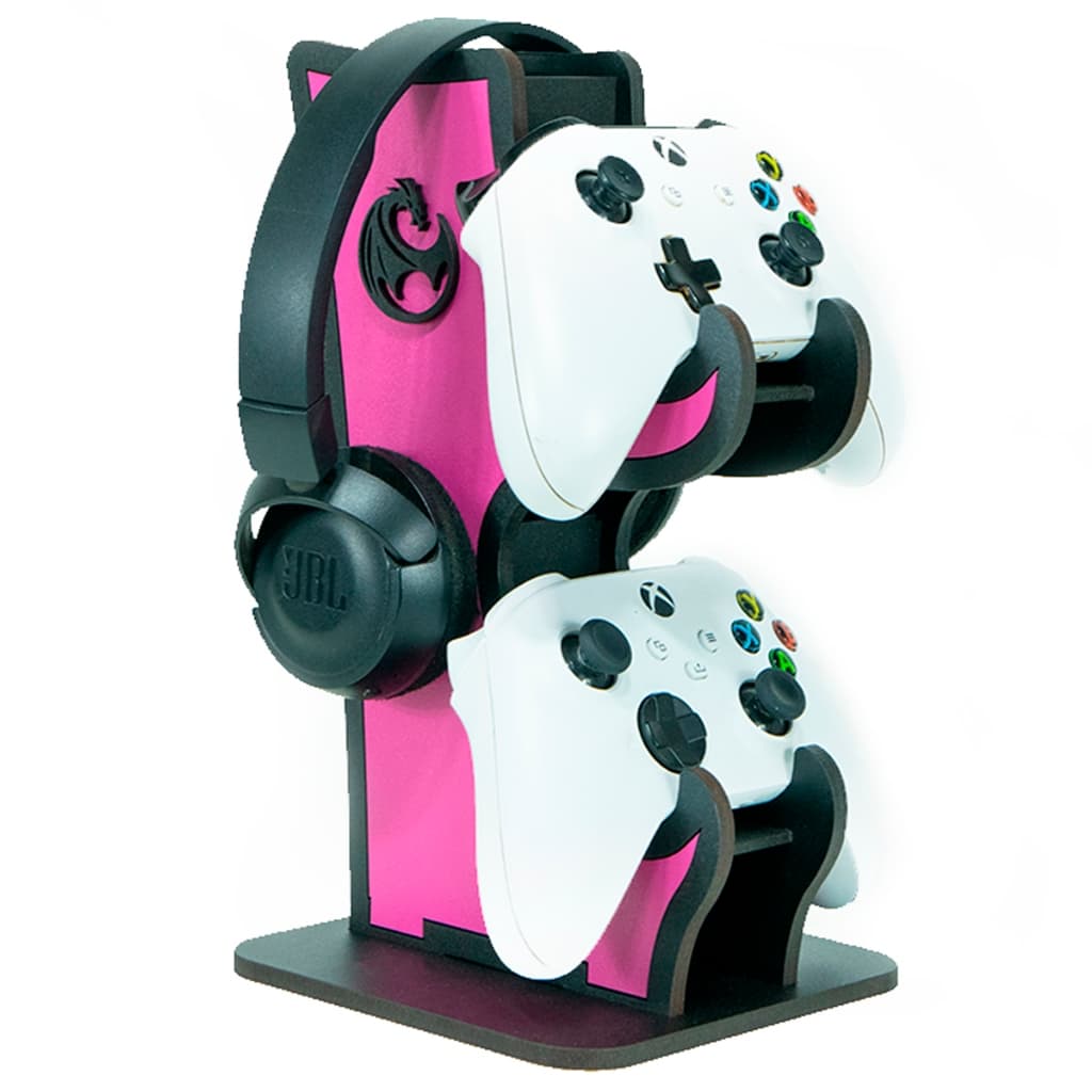 Suporte Gamer para Controle e Headset MDF Organizador de Mesa PS5 PS4 Xbox One Series X/S PC Rosa