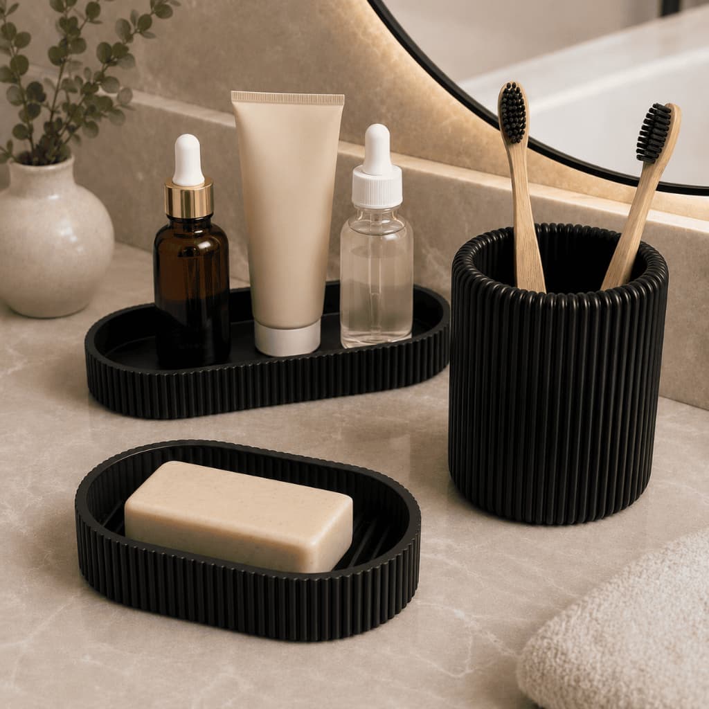 Kit Porta Escova de Dente Saboneteira Bandeja Organizador de Banheiro 3 Peças Preto Minimalista