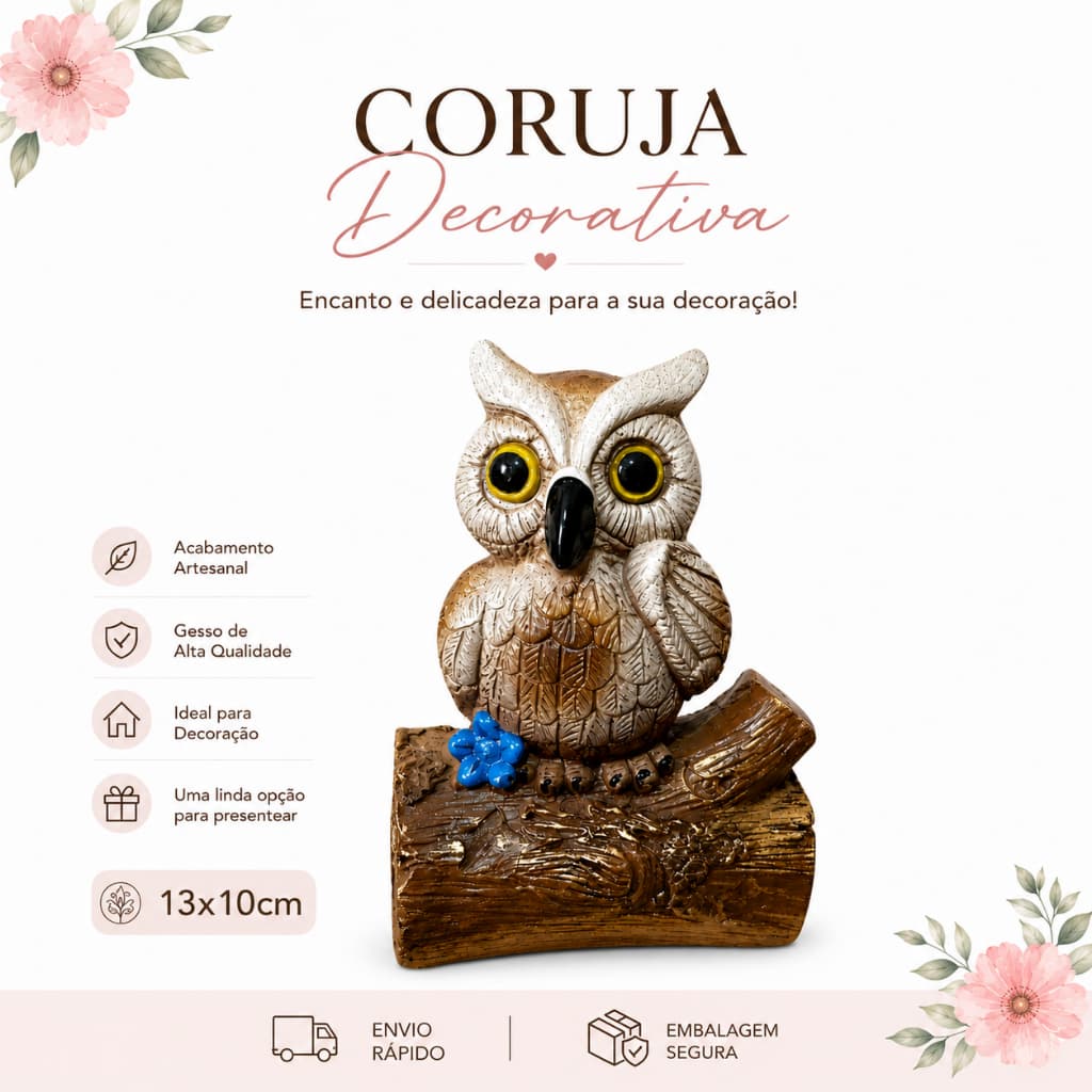Coruja Decorativa em Gesso – Enfeite Artesanal Rústico | 13x10cm | Decoração Charmosa para Casa