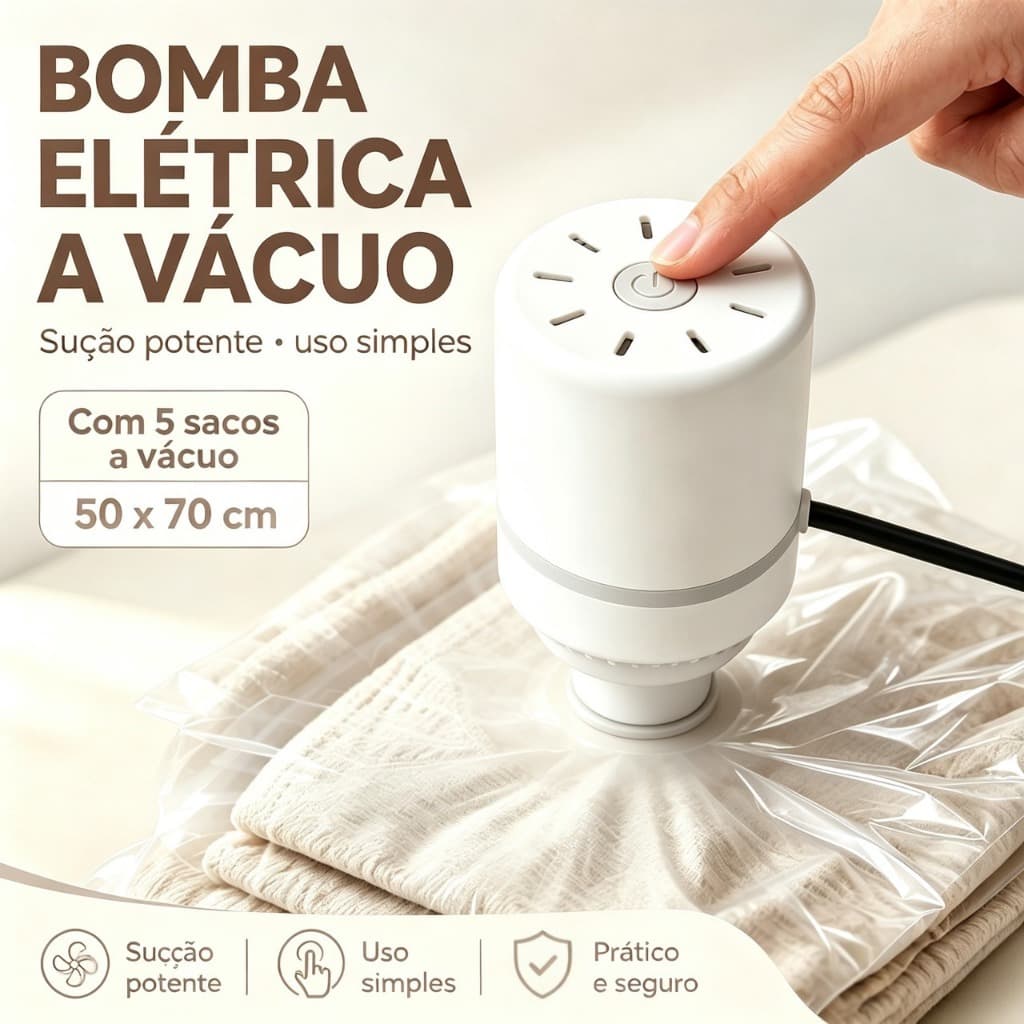 Bomba de Vácuo 30W 100-230V + 5 Sacos 50x70 – Sucção Potente, Operação Simples, Branca, 110V S2