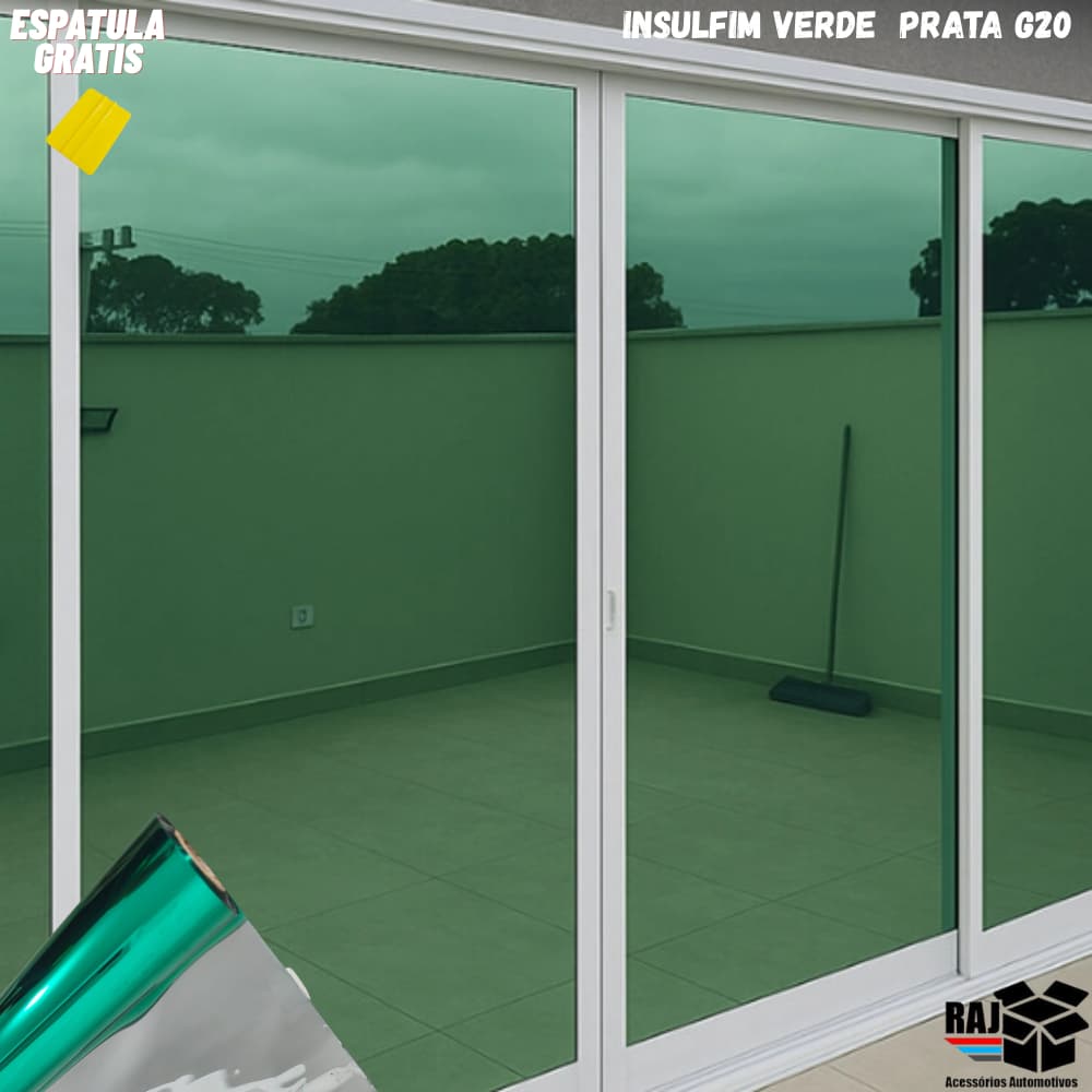 Película tipo Insulfilm Prata e verde , Refletiva, G20, Poliéster profissional, 75cm de largura