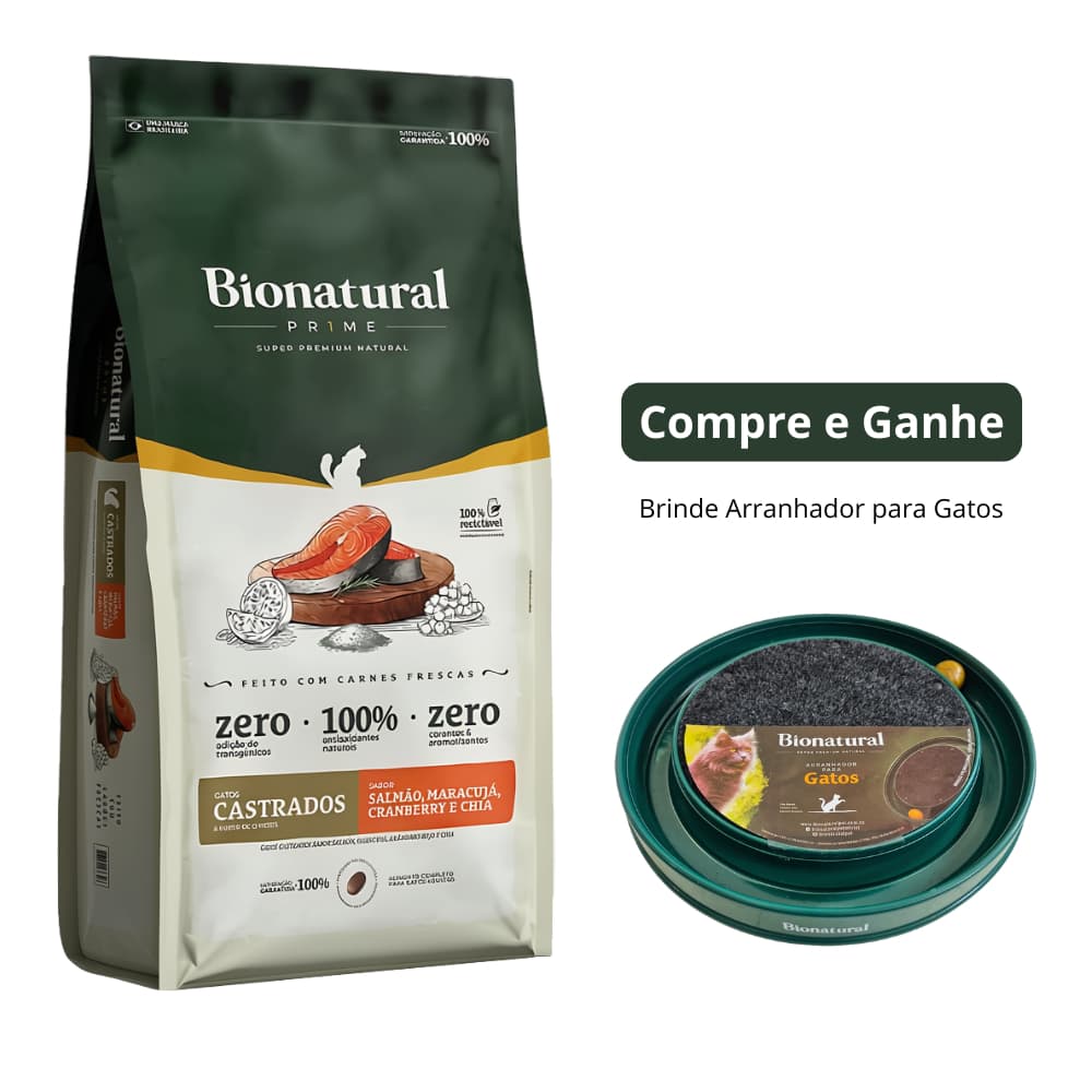 Ração Seca Bionatural Prime Salmão para Gatos Castrados 20Kg + Brinde Arranhador para Gatos