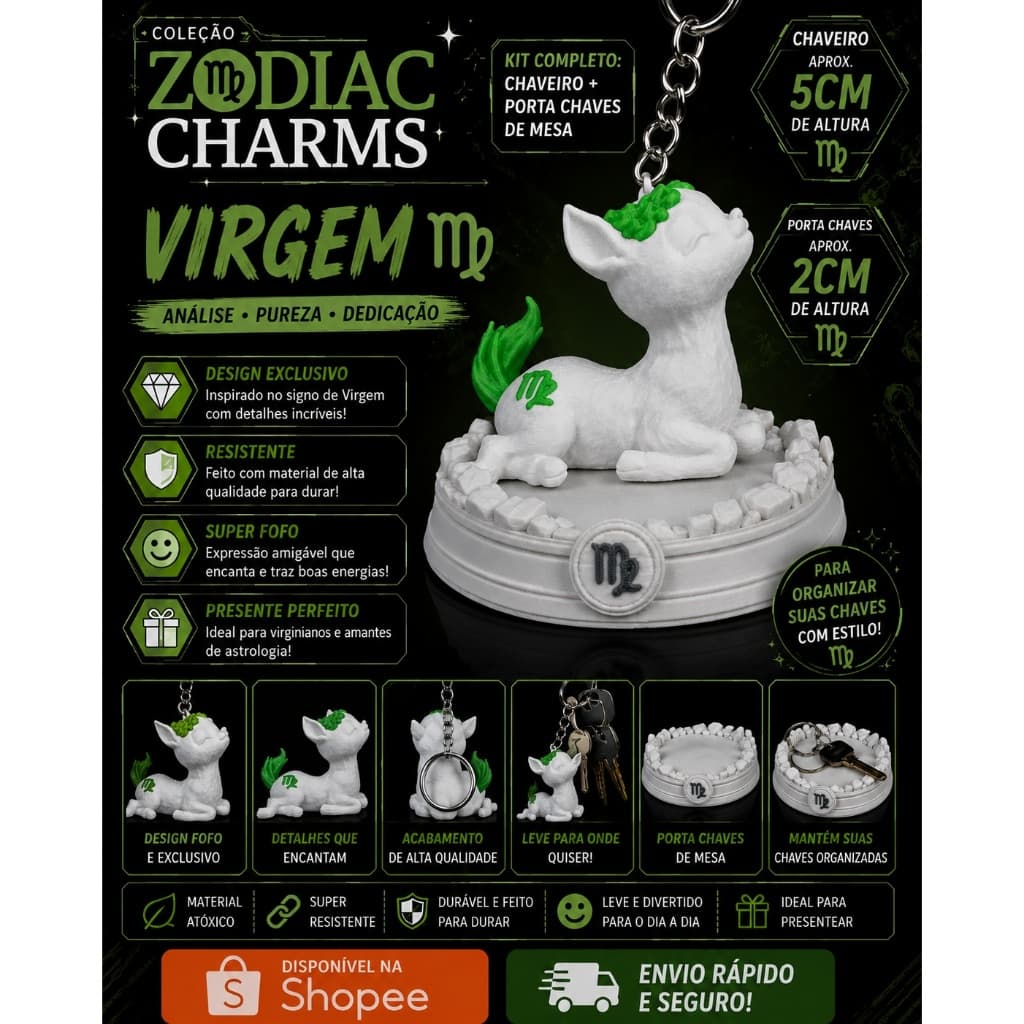 ♍ Kit Zodiac Charms – Virgem | Chaveiro + Porta-Chaves de Mesa | Impressão 3D em PLA