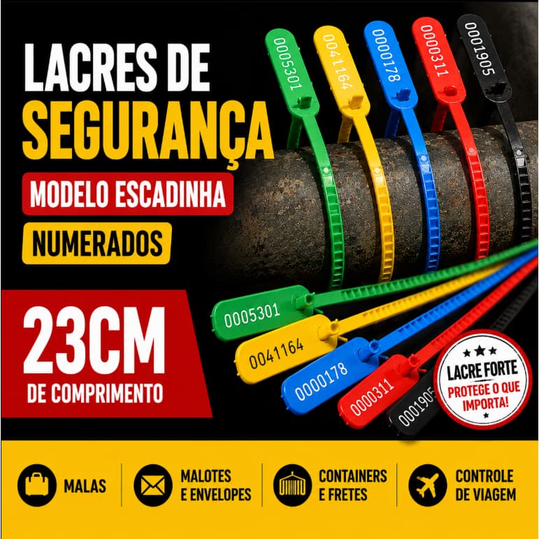 200 Lacres De Segurança Modelo Escadinha Numerados Mala Malote frete container  Controle Viagem 23CM