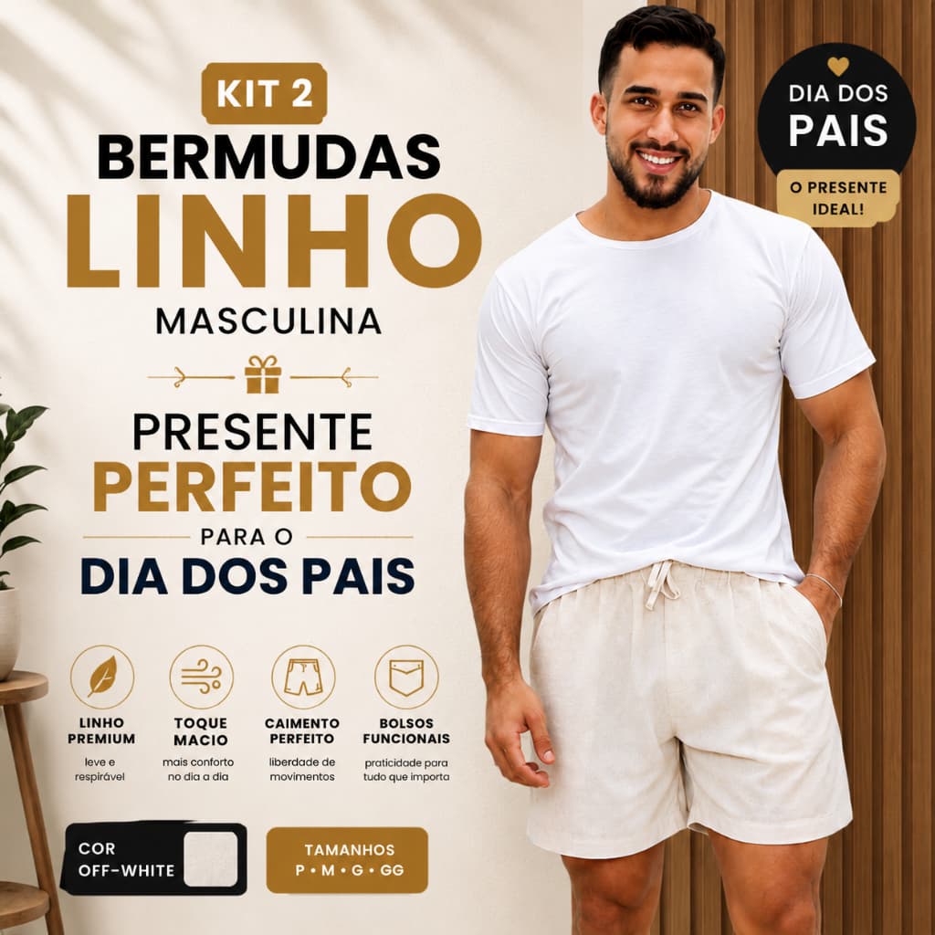 Kit 2 Bermudas Linho Masculina Premium Casual Leve Com Bolso Cós Elástico Confortável Dia a Dia Praia