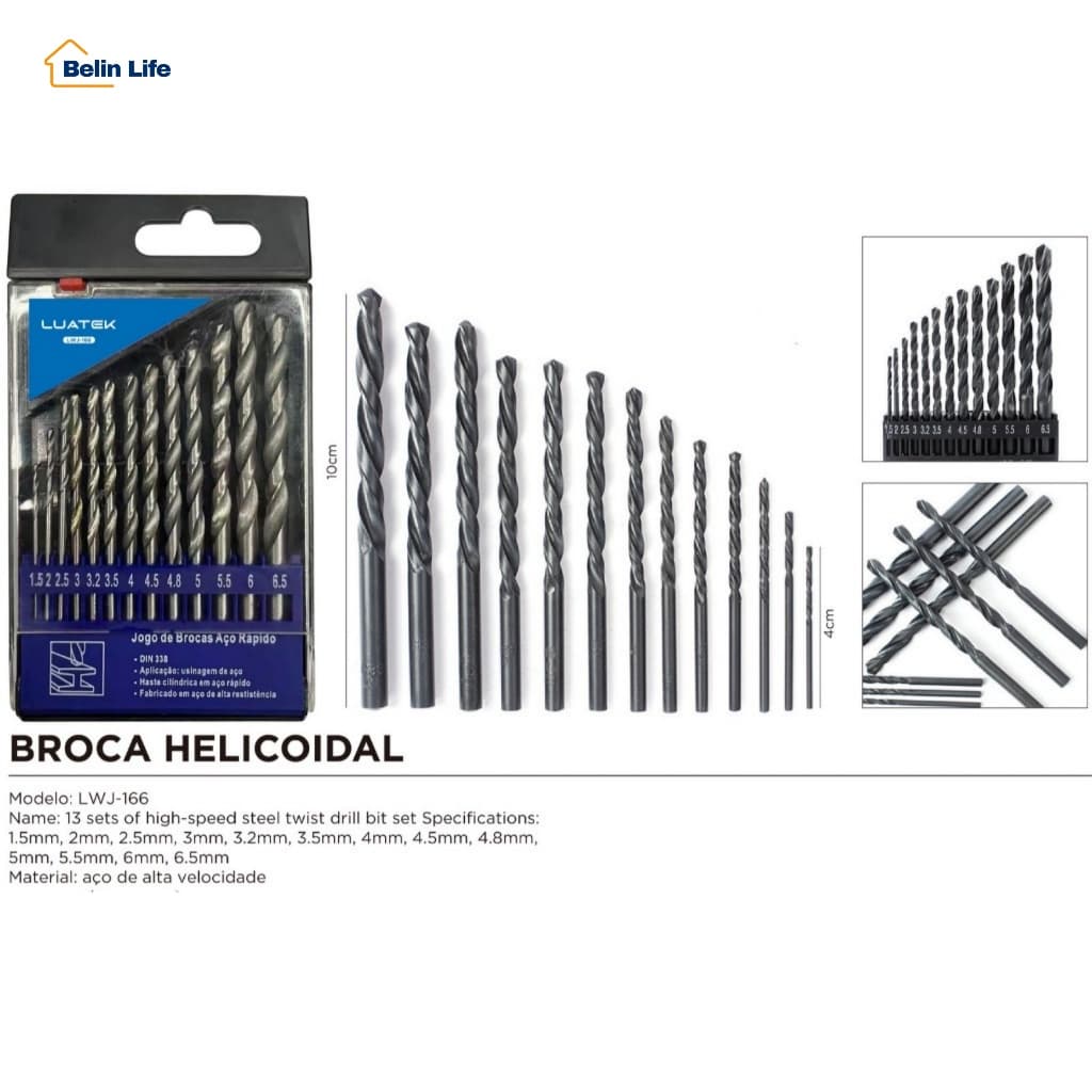 Jogo De Brocas Aço Rápido HSS Para Metal Madeira Kit 13 Peças Profissional Luatek