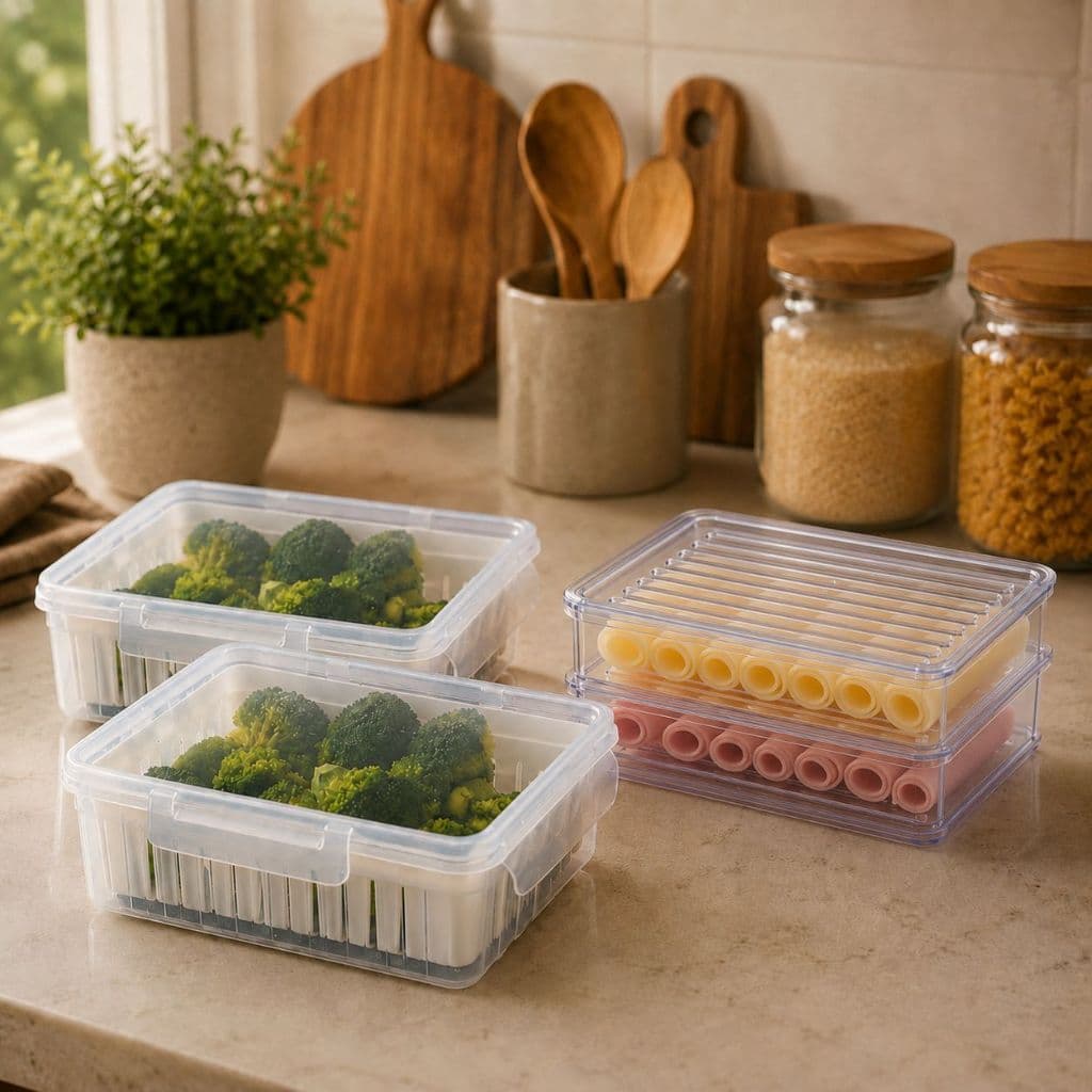 Kit Organizador Geladeira com 2 Potes Escorredores com Tampa e 1 Porta Frios com Tampa com Compartimentos Empilhável