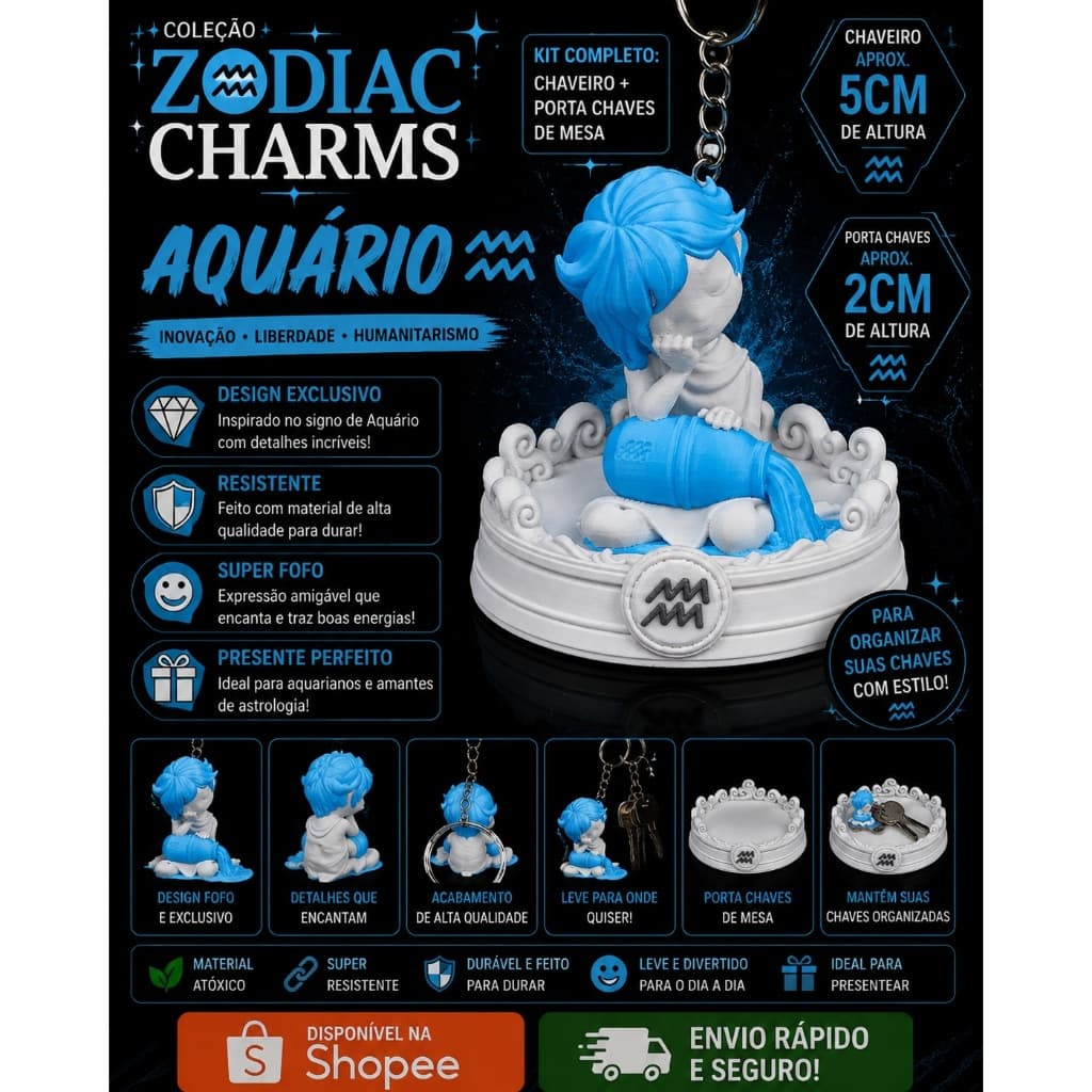 ♒ Kit Zodiac Charms – Aquário | Chaveiro + Porta-Chaves de Mesa | Impressão 3D em PLA