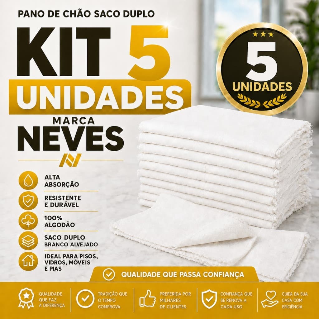 Pano De Chão Alvejado Branco Neves 100% Algodão - 40x70cm - Kit Com 5un