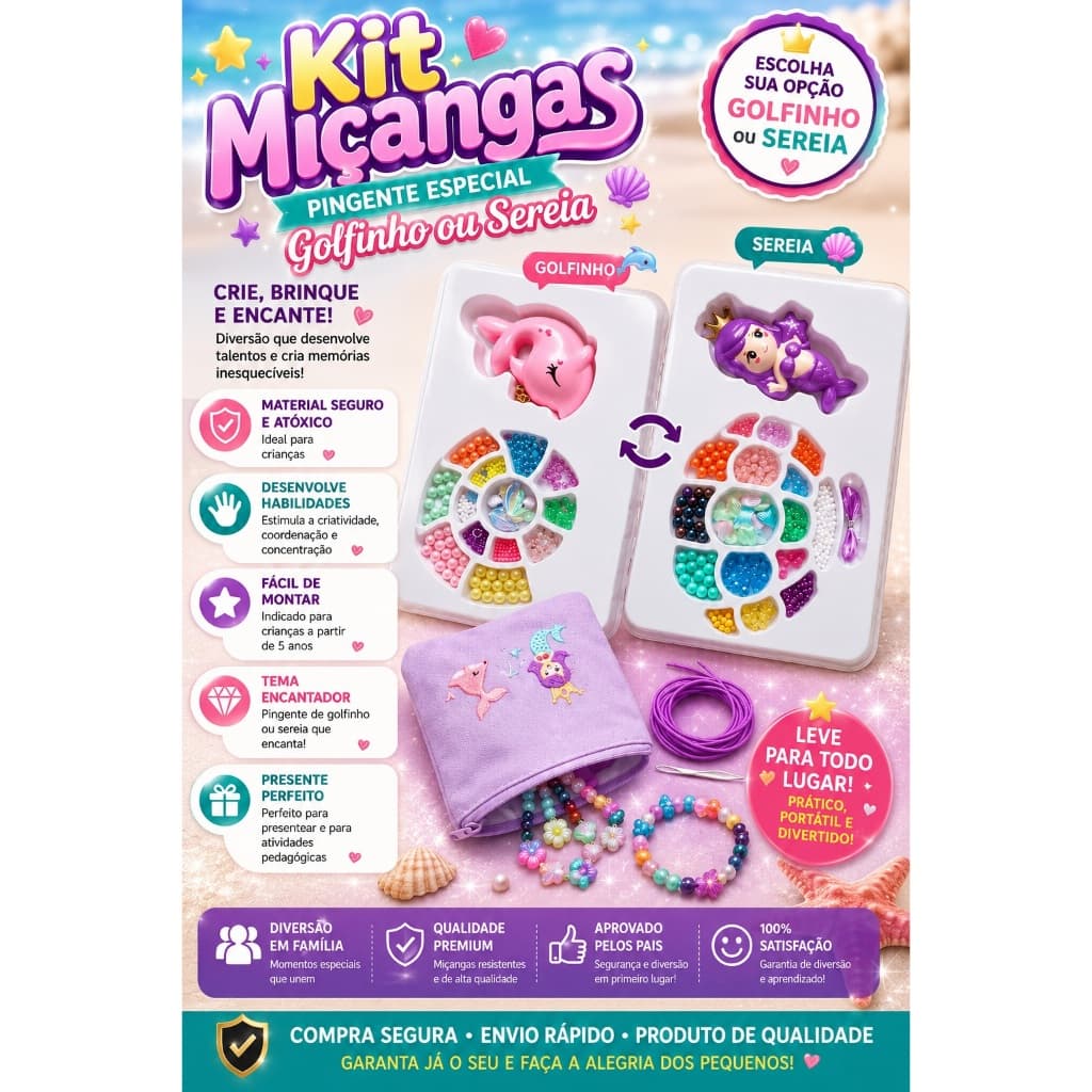 Kit Miçangas Infantil Sereia ou Golfinho Fazer Pulseiras Brinquedo Criativo Colorido Completo
