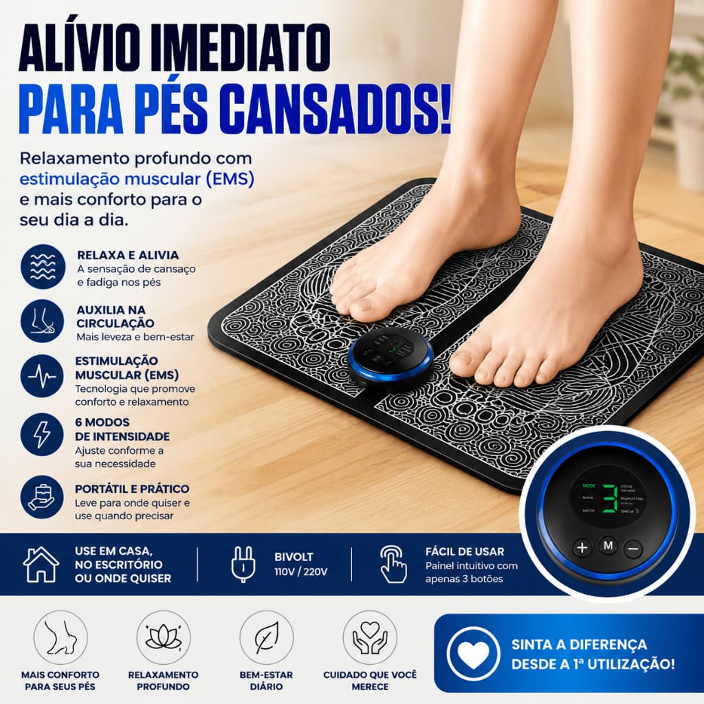 Massageador Elétrico para Pés Estimulação Muscular Bivolt Relaxamento Circulação Portátil