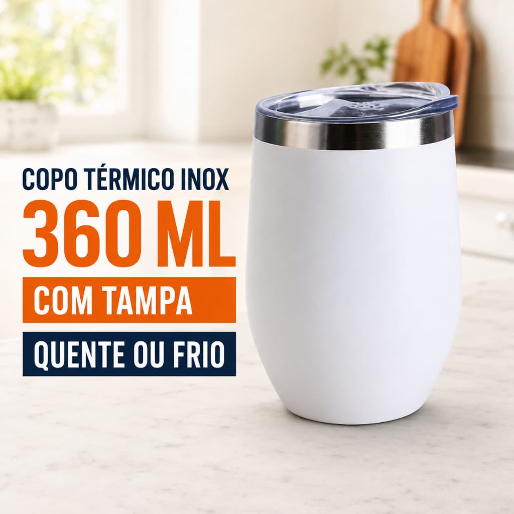 Copo Térmico Inox 360ml com Tampa Antivazamento Caneca para Café Quente e Frio Branco