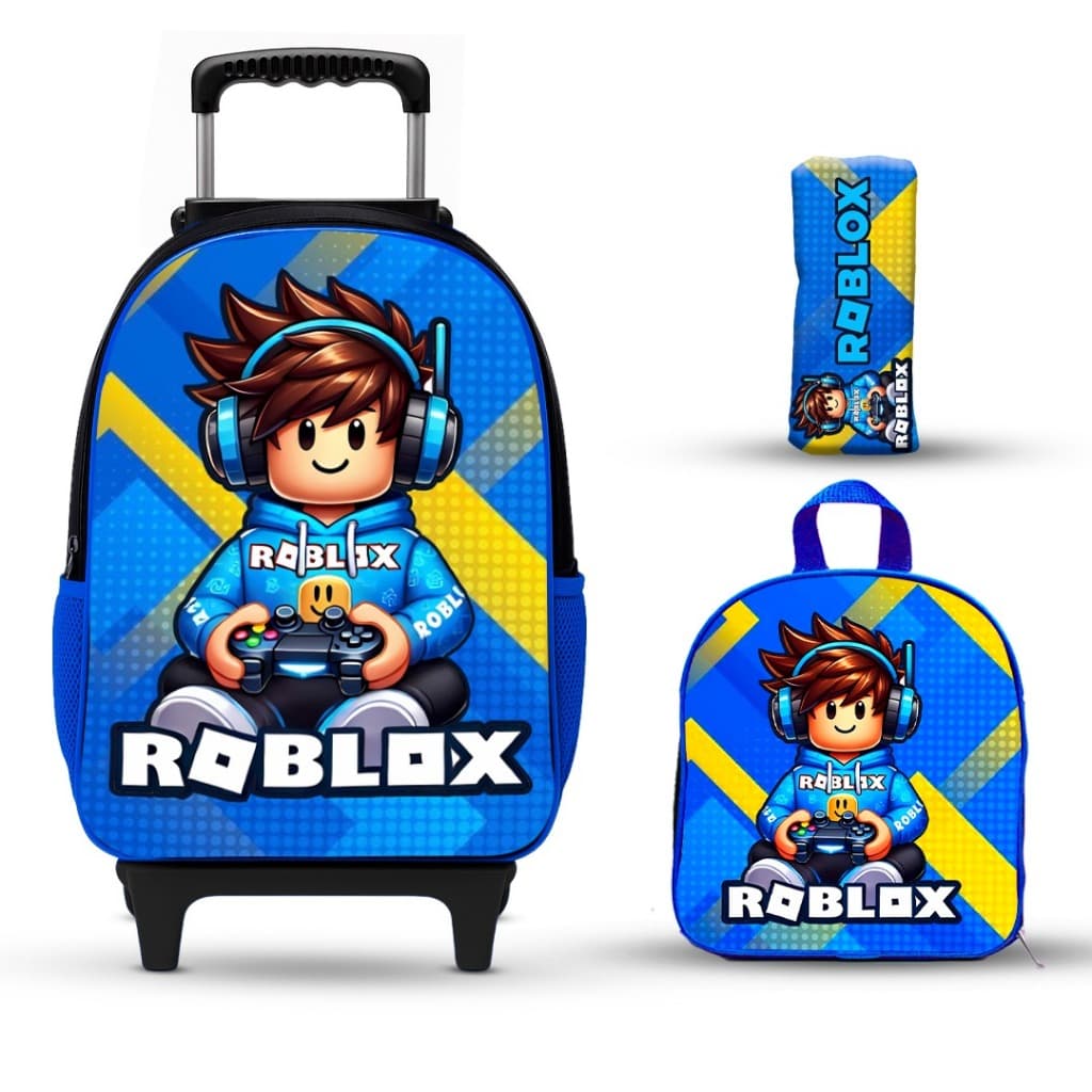 Mochila Escolar Infantil  Rodinhas de silicone Lancheira Estojo Reforçada-Menino- Jogo