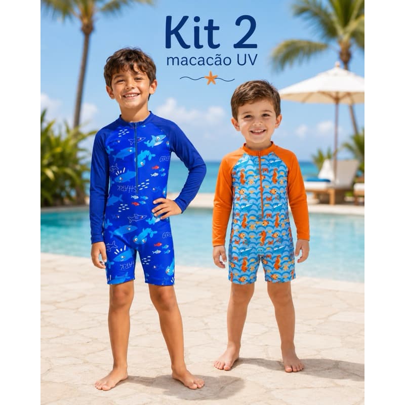 Kit 2 Macacão UV Infantil Masculino Praia Piscina Proteção Solar