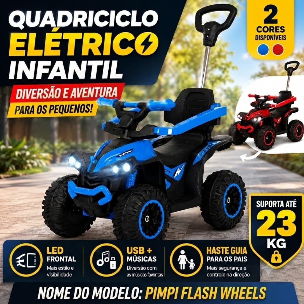 Quadriciclo Elétrico Infantil Maral Pimpi Flash Wheels 6V LED USB Haste Guia Azul Vermelho