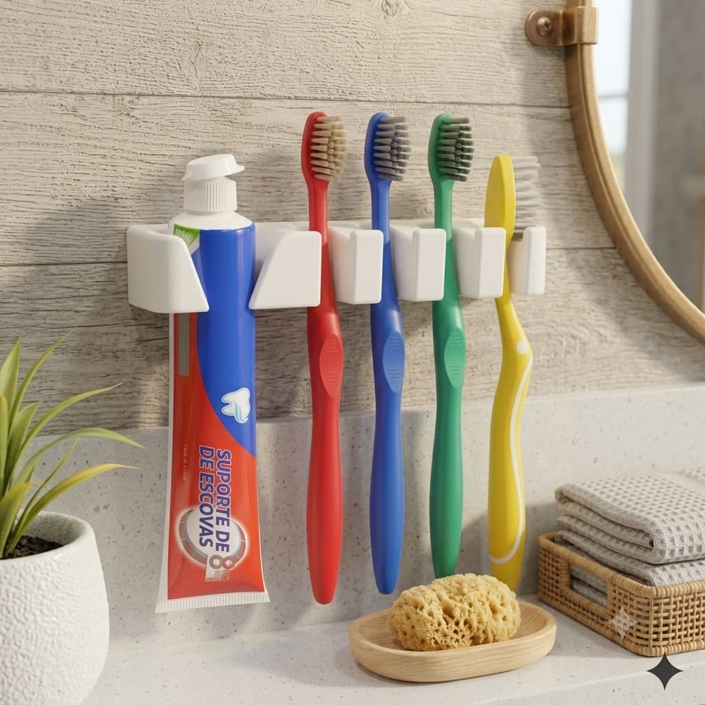 Suporte Organizador Banheiro Parede Porta 4 Escovas de Dente e Pasta de Dente Prático Higiênico