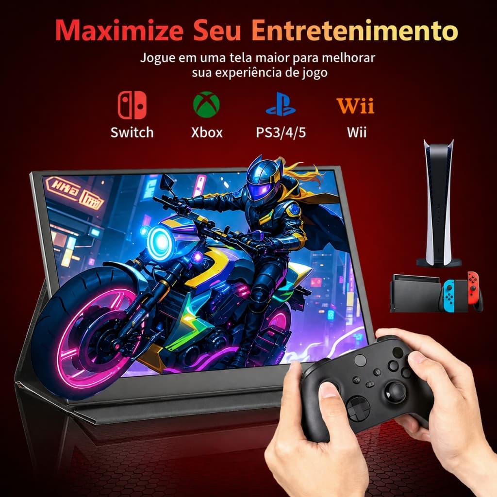 Monitor portátil de 15.6 polegadas FHD 1080p, USB-C/HDMI, compatível com notebooks, PS5/4 e Xbox