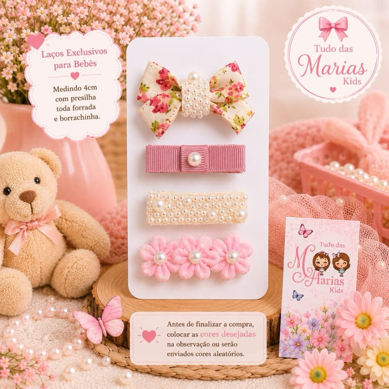 Presilhas para bebê kit com 4 mine presilhas com laços floral,flor com pérola e borboletaA