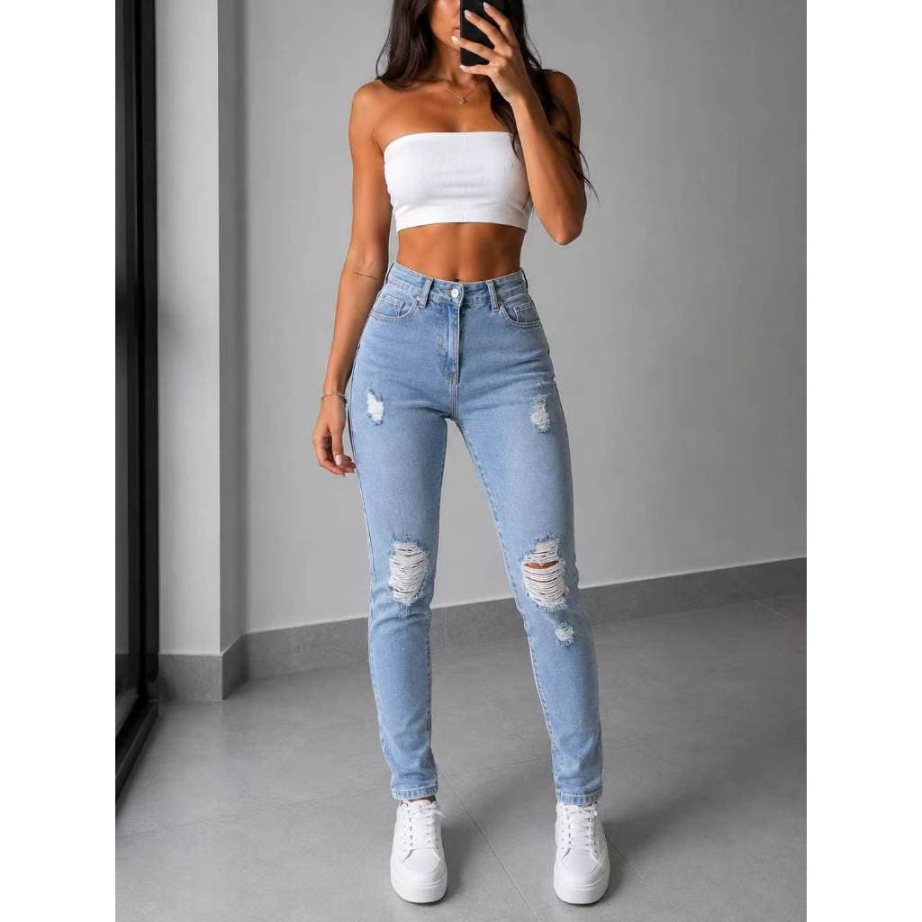 Calça Jeans Feminina Mom Destroyed Cintura Alta Lavagem Clara Premium