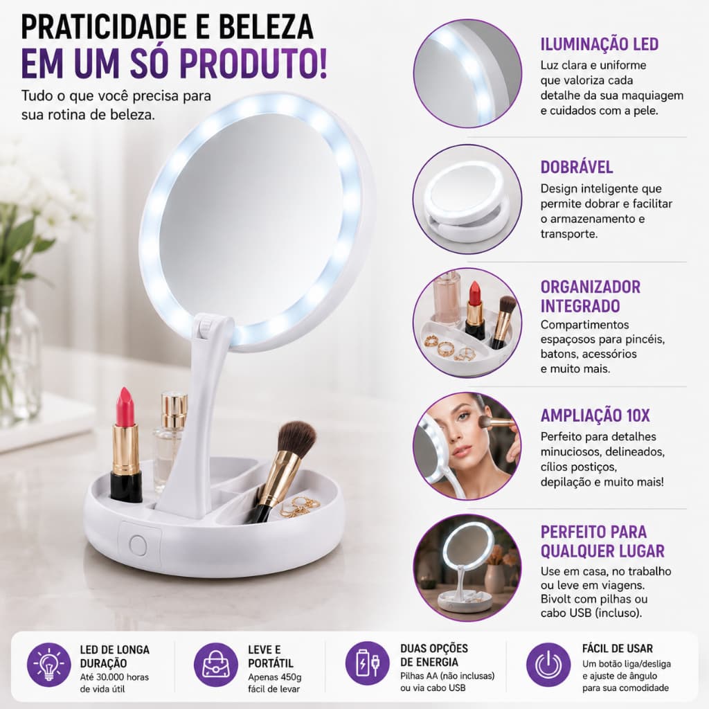 Espelho de Mesa LED para Maquiagem Dobrável com Aumento 10X USB Organizador Branco