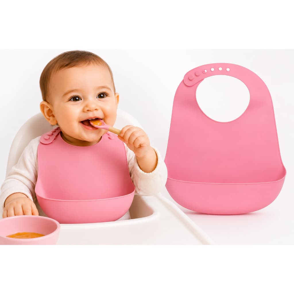 Babador de Silicone Bebê Rosa Menina com Bolso Pega Papinha Impermeável BPA Free  Alimentação BLW