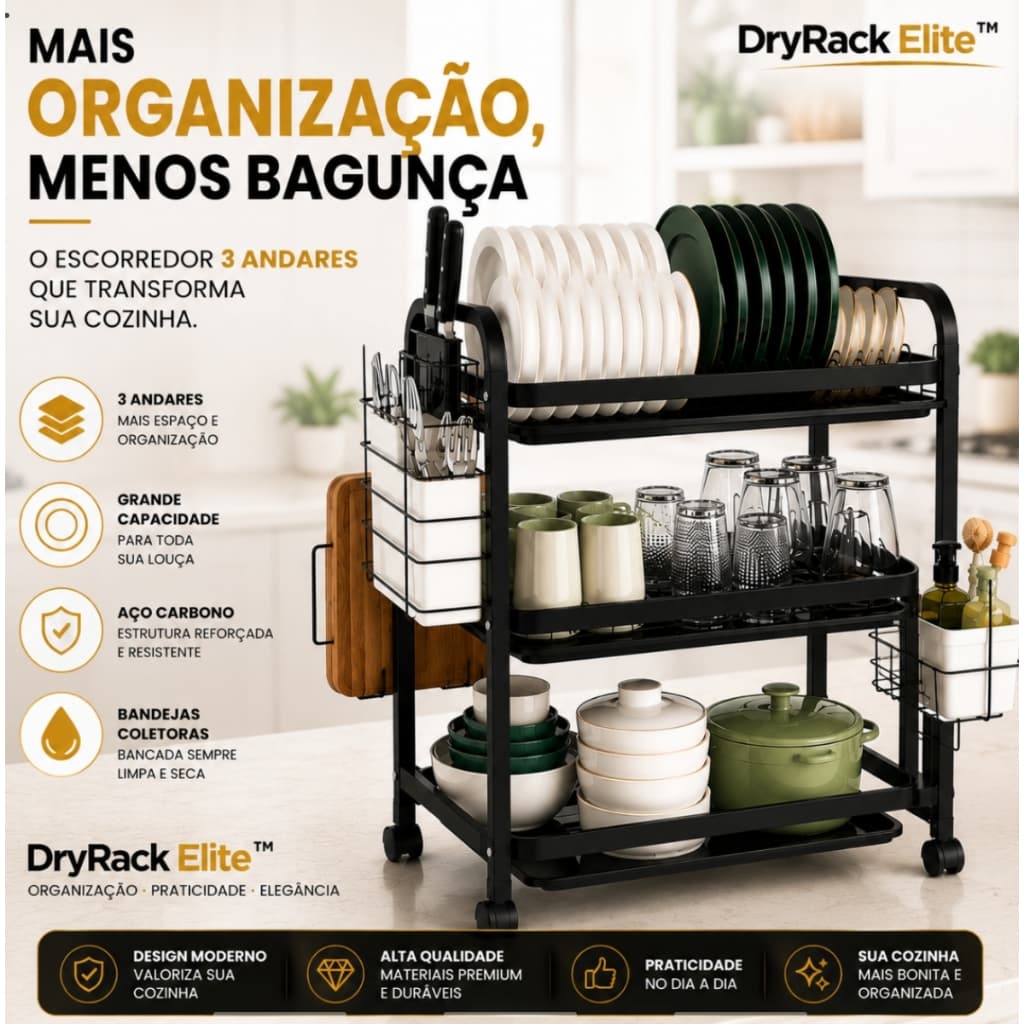 Escorredor de Louças 3 Andares DryRack Elite™ Organizador de Bancada em Metal com Bandejas Coletoras Grandes