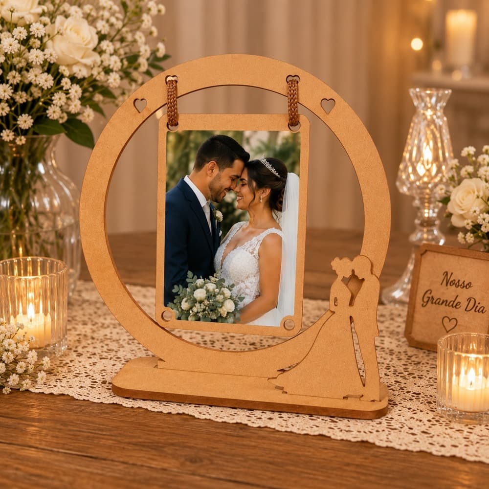 Centro de Mesa em MDF Cru com Porta Retrato Decorativo Lembrança para Festa de Casamento