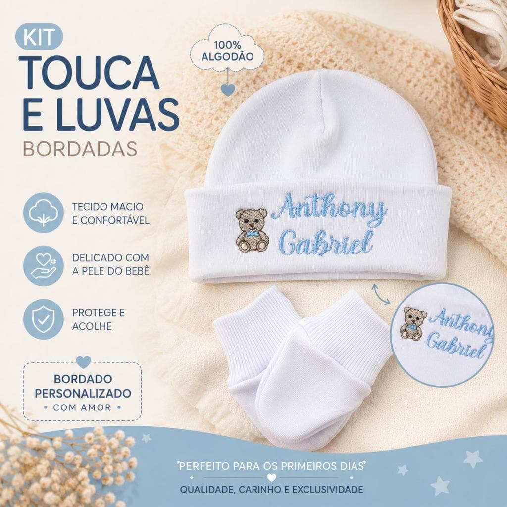 Kit Touca E Luva RN Com Urso E Nome Bordado/Saída De Maternidade/Presente Para Bebês/Kit Bebê/Touca Bebê