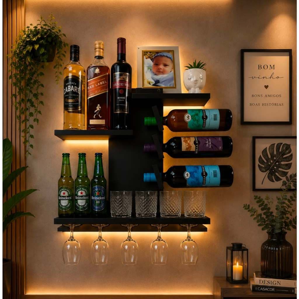 Bar de Parede Adega Vinhos Whisky 100% MDF Porta Taças e Copos