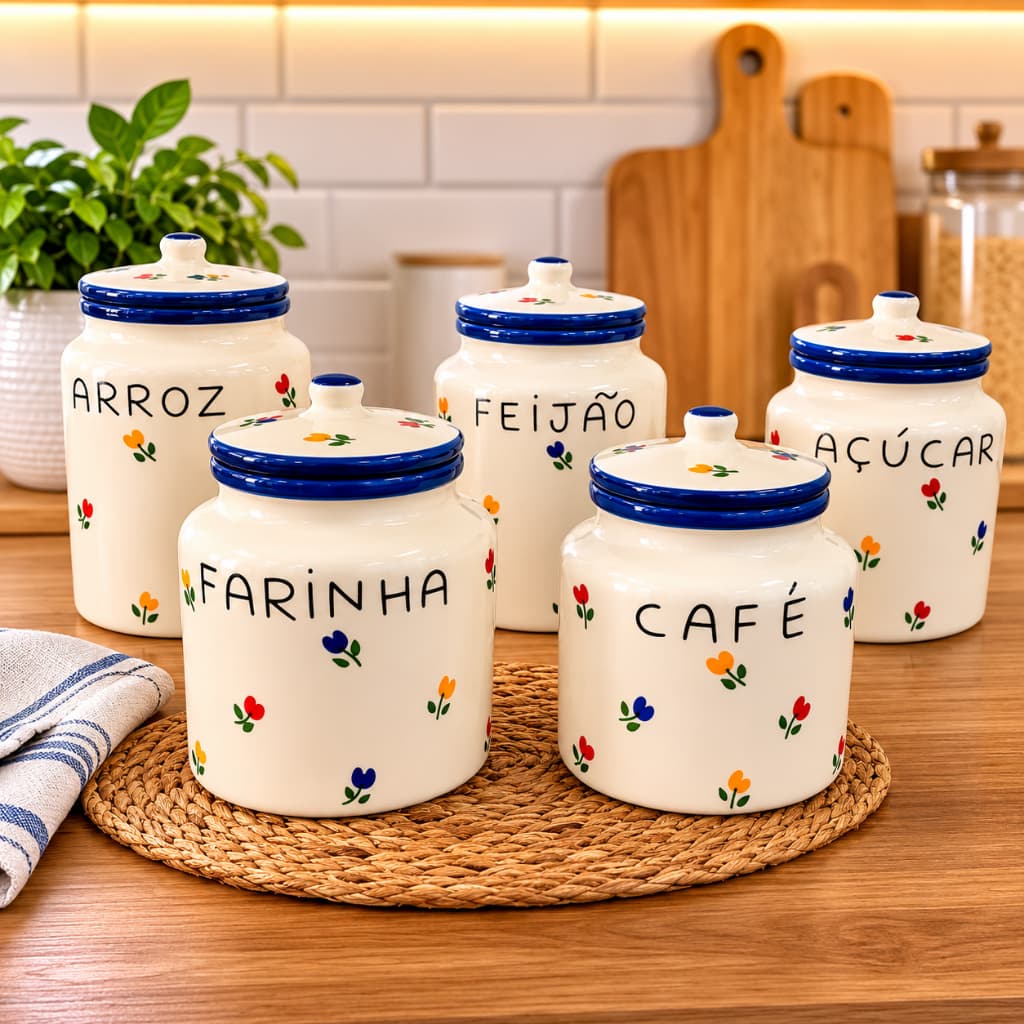 Kit Potes de Cerâmica para Mantimentos 5 Peças Café, Açúcar, Arroz e Farinha | Porta Condimentos Decorativo com Tampa