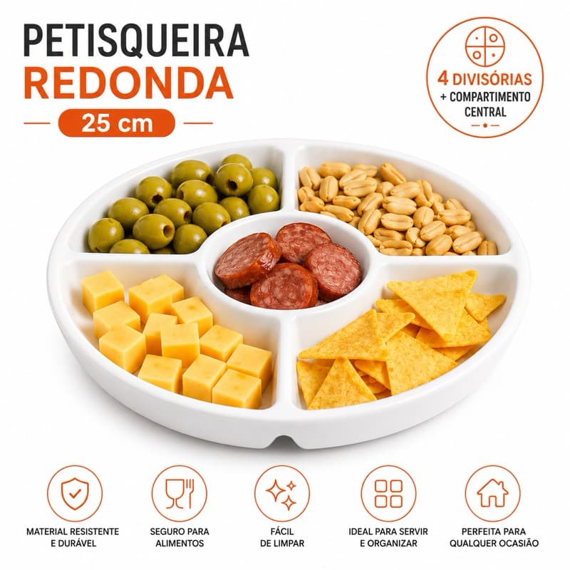 Petisqueira 25 cm Petiscos Prato Redondo Petisqueira 5 Divisórias Queijos Amendoim Fondue