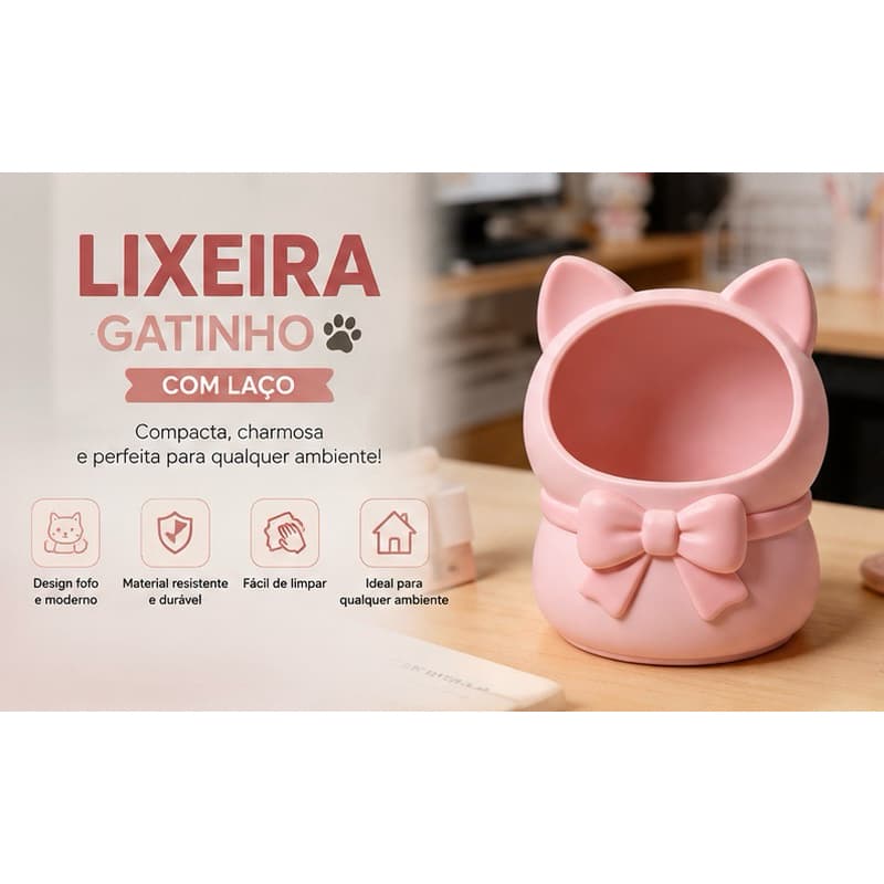 Lixeira de Mesa Gatinho com Laço | Mini Lixeira Decorativa para Banheiro, Escritório, Penteadeira e Cozinha