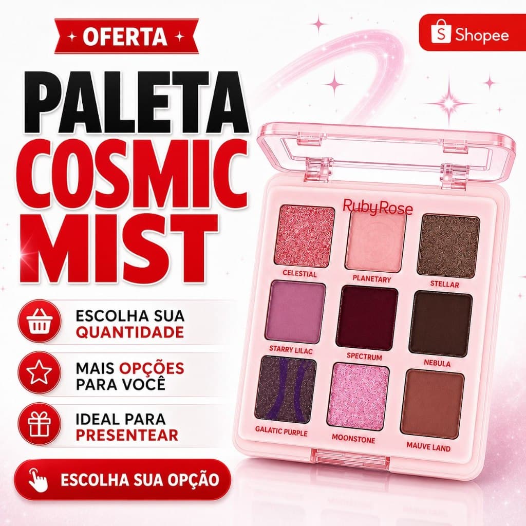 Paleta de Sombras Cosmic Mist Ruby Rose HBE2204 9 Cores Original
