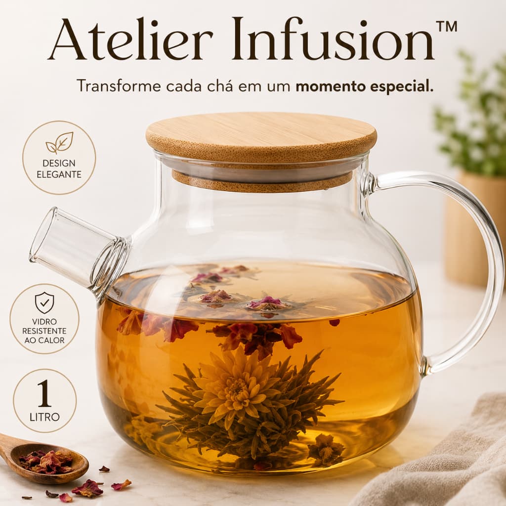 Chaleira de Vidro 1 Litro com Tampa de Bambu Atelier Infusion™ Resistente ao Calor Design Moderno para Chá e Infusões