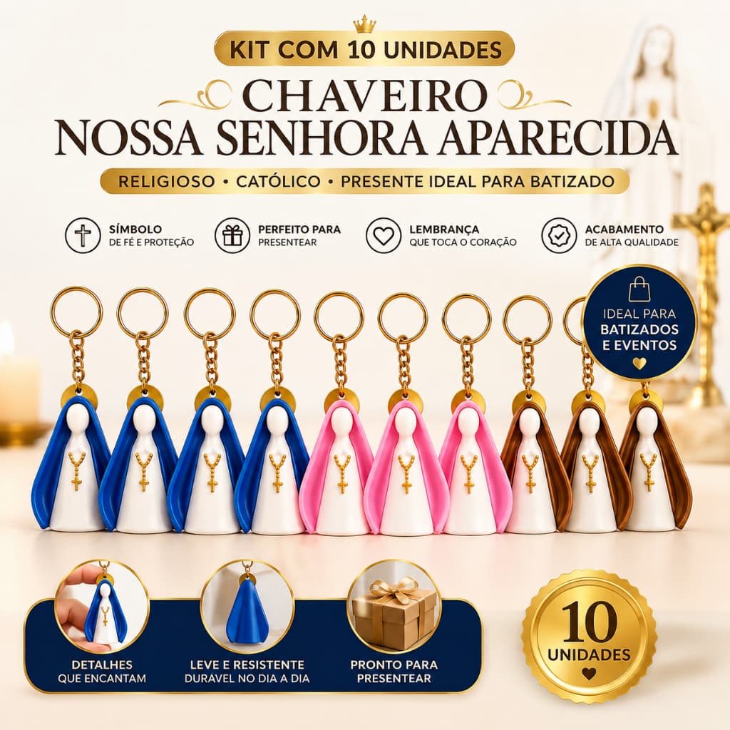 Kit de Lembrança Religiosa Nossa Senhora Chaveiro 3D Premium para Batismo Primeira Comunhão e aniversários