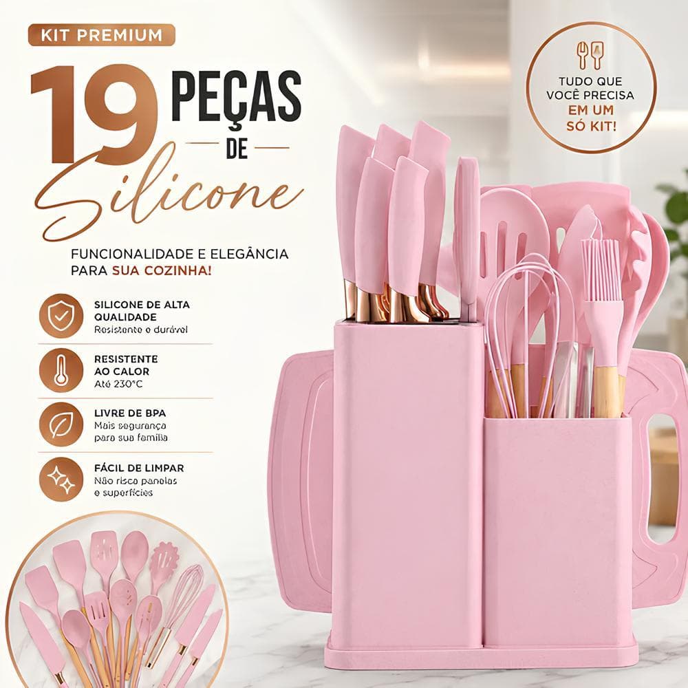 Kit Conjunto 19 Pçs De Utensílios Facas Silicone Cozinha Jogo Completo Batedeira Colher Pegador