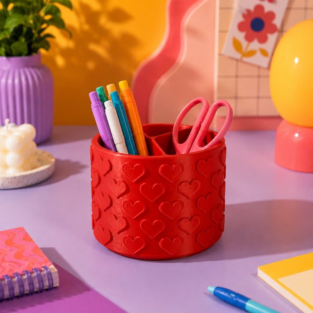 Porta Canetas e Lápis Organizador de Mesa 3 Divisórias Corações | Escritório, Estudos e Pincéis