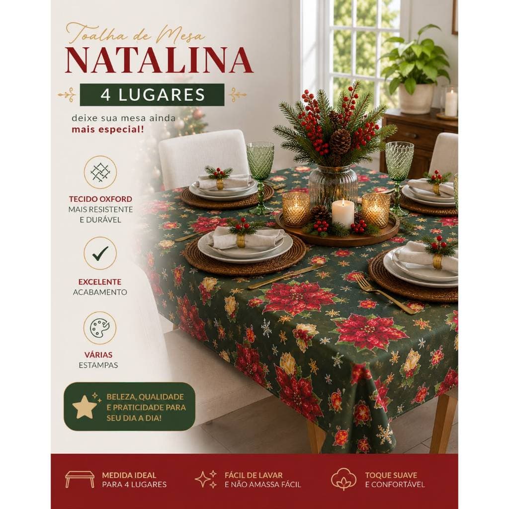 TOALHA DE MESA NATALINA 4 LUGARES| OXFORD PREMIUM| DECORAÇÃO MESA POSTA FESTAS FIM DE ANO